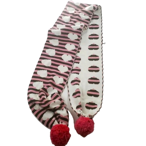 Unbranded Women's Teen Girl's Knit Pom Scarf Hearts Striped Pink White Brown - Picture 1 of 6